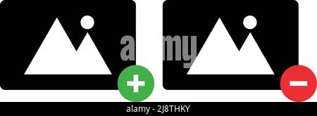 Una serie di icone per aggiungere foto ed eliminare foto. Vettore modificabile. Illustrazione Vettoriale