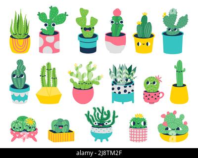 Cactus con facce. Carino personaggi cartoni animati in pentole con volti divertenti, mascotte piante sorridenti per bambini illustrazione. Set vettoriale Illustrazione Vettoriale