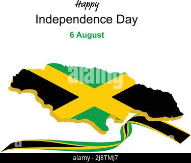 Giamaica Independence Day Card design. Con colori giallo e verde. Giamaica Mappa 3D forma con la bandiera all'interno. Foto Stock