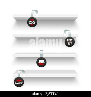 Scaffali del negozio e supermercati promozionali wobblers isolati su sfondo bianco. Scaffale con wobbler pubblicitario. Scaffale da parete per alimentari. Vendita o. Illustrazione Vettoriale