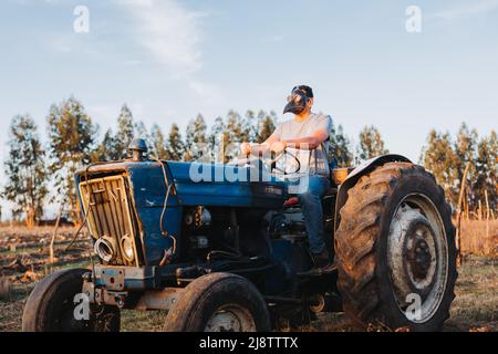 Sparo largo di un uomo contadino con la maschera peste sopra, guidando un vecchio trattore nel mezzo del suo terreno agricolo. Foto Stock