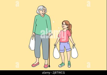 Teen girl trasporta i sacchetti aiutando la donna anziana con lo shopping della drogheria. I prodotti di tenuta della nonna preoccupanti del genere aiutano la nonna vecchia con i pacchetti pesanti. Generazione più vecchia e più giovane. Illustrazione vettoriale. Illustrazione Vettoriale