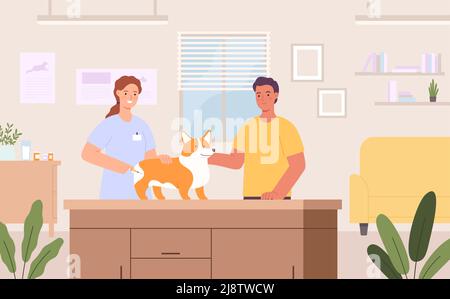 Clinica veterinaria PET. Medico veterinario che fa un'iniezione al cane. Proprietario che prende l'animale domestico alla clinica del veterinario Illustrazione Vettoriale