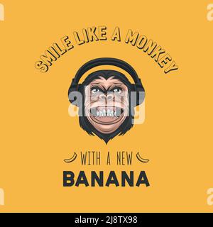 Sorridi come una scimmia con una Nuova Banana. Vettore sorridente DJ Chimpanzee Ape con cuffie, citazione tipografica. Funny Monkey Head per Wall Art, T-shirt Illustrazione Vettoriale