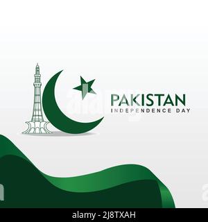 Minar e Pakistan con la bandiera del Pakistan luna e stella, giorno di indipendenza del Pakistan con il gradiente verde in basso a sinistra Illustrazione Vettoriale