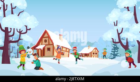 Divertimento invernale per i bambini. I bambini giocano con le palle di neve, facendo l'uomo di neve con la sciarpa ed il cappello. Sci da ragazzo su colline innevate Illustrazione Vettoriale