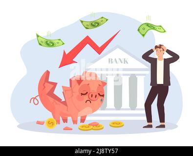 Crisi finanziaria mondiale. Uomo in panico guardando rotto Piggy banca. Economia crollato e fallimento concetto Illustrazione Vettoriale