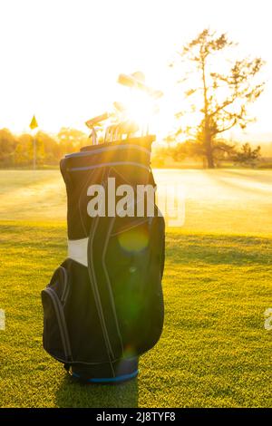 Luce del sole che scorre attraverso i randelli di golf in sacchetto sul paesaggio erboso contro il cielo libero al campo di golf Foto Stock