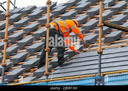 Workman su un tetto su una nuova costruzione casa, Irvine, Ayrshire, Scozia, Regno Unito Foto Stock
