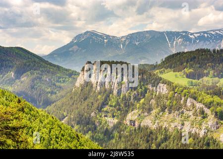 Semmering: Vista dalla torre di prospettiva Doppelreiterwarte a Semmeringbahn (Semmering Railway) e il Polleroswand, cargo treno in background il Rax Foto Stock