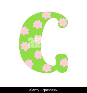 Maiuscolo verde brillante decorato con fiori primavera lettera disegnata a mano G di alfabeto inglese semplice cartoon stile illustrazione vettoriale, calligrafica abc, carino divertente scrittura a mano, scarabeo e lettere Illustrazione Vettoriale