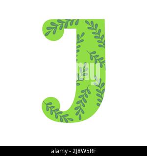 Maiuscolo verde brillante decorato con fiori primavera lettera disegnata a mano J dell'alfabeto inglese semplice illustrazione vettoriale stile cartoon, abc calligrafico, carino divertente scrittura a mano, scarabeo e lettere Illustrazione Vettoriale