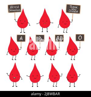 Cute sorridente divertente raccolta di gocce di sangue. Cartoon rosso gocce con il tipo di sangue segno in mani Illustrazione Vettoriale