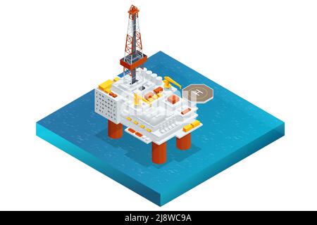 Piattaforma di perforazione Isometrica per carro di perforazione offshore di grandi dimensioni. Piattaforma per la produzione di petrolio e gas, industria petrolifera e del gas e lavori duri. Illustrazione Vettoriale