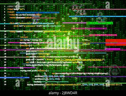 Codice programma di errore su simboli a matrice verde, concetto di frode digitale Illustrazione Vettoriale