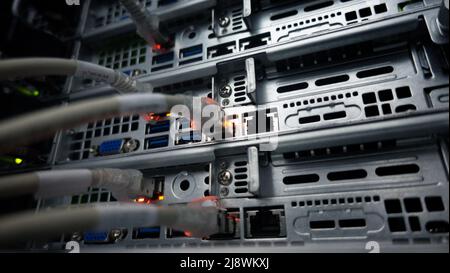 Cavi Ethernet macro Shot collegati alle porte del router. Telecomunicazioni: RJ45 connettori Internet Foto Stock