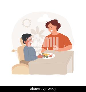 Indipendente abilità di mangiare illustrazione isolata del vettore del cartone animato. Centro di cura per bambini con disabilità, insegnare autoalimentazione, bambini disabili imparare a mangiare in modo indipendente, cartoon vettoriale di educazione. Illustrazione Vettoriale