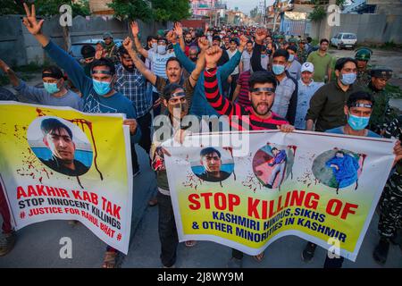 Srinagar, India. 17th maggio 2022. Kashmiri Indù, localmente noto come 'pandits' marcia con striscioni come urlano slogan durante la protesta a Budgam contro l'uccisione di Rahul Bhat un dipendente del governo che è stato ucciso da ribelli sospetti all'interno del suo ufficio a Chadoora Budgam. Mentre le autorità indiane hanno assicurato alla comunità Kashmiri Pandit che tutti i lavori e le questioni relative alla sicurezza saranno risolti tra una settimana, la comunità richiede il trasferimento dalla regione del Kashmir il più presto possibile, dicendo che non possono rischiare la loro vita per lavoro. Credit: SOPA Images Limited/Alamy Live News Foto Stock