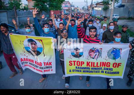 Kashmiri Indù, localmente noto come 'pandits' marcia con striscioni come urlano slogan durante la protesta a Budgam contro l'uccisione di Rahul Bhat un dipendente del governo che è stato ucciso da ribelli sospetti all'interno del suo ufficio a Chadoora Budgam. Mentre le autorità indiane hanno assicurato alla comunità Kashmiri Pandit che tutti i lavori e le questioni relative alla sicurezza saranno risolti tra una settimana, la comunità richiede il trasferimento dalla regione del Kashmir il più presto possibile, dicendo che non possono rischiare la loro vita per lavoro. (Foto di Faisal Bashir/SOPA Images/Sipa USA) Foto Stock