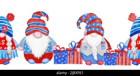 Acquerello senza cuciture bordo orizzontale disegnato a mano con 4th gnomes di luglio, il quarto di luglio patriottico americano design con gnomes nordici in blu rosso bianco cappelli palloncini doni. Stampa festiva USA Foto Stock