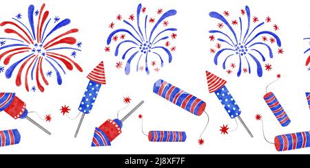 Acquerello senza giunture bordo orizzontale disegnato a mano con 4th di luglio fuochi d'artificio cracker, Fouth di luglio patriottico americano design con elementi di partito in blu rosso bianco colori. Stampa festiva USA. Tessuto di saluta stampa divertente luminoso design Foto Stock