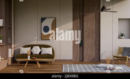 Moderno ed elegante design interno del soggiorno in tono e atmosfera accogliente con divano marrone, tavolino da caffè in legno, poltrona e libreria in legno sul pavimento in parquet. Foto Stock