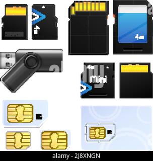 Icona sim della scheda di memoria realistica isolata impostata con diversi tipi Per illustrazioni vettoriali tecniche diverse Illustrazione Vettoriale