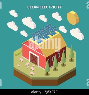 Composizione isometrica dell'elettricità con vista sull'edificio del fienile dell'azienda con pannelli della batteria solare installati sul tetto, illustrazione vettoriale Illustrazione Vettoriale