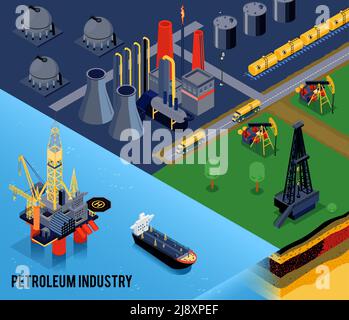 Composizione isometrica dell'industria petrolifera con titolo e paesaggio dell'industria petrolifera dell'illustrazione vettoriale della città Illustrazione Vettoriale