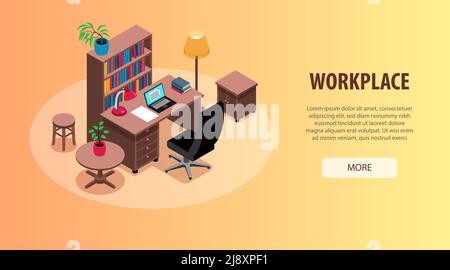 Home Office studio luoghi di lavoro interior organizzazione idee isometriche web orizzontale banner con illustrazione vettoriale per l'illuminazione della libreria da tavolo Illustrazione Vettoriale