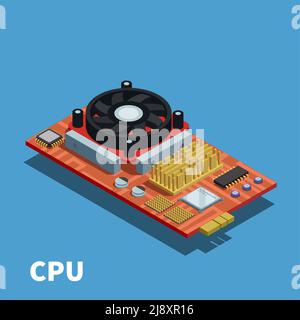 Il poster isometrico dei semiconduttori ha dimostrato la scheda a circuito stampato con elaborazione centrale illustrazione vettoriale dell'unità e del sistema di raffreddamento Illustrazione Vettoriale