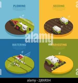 Concetto di progettazione 2x2 per l'automazione agricola intelligente con testo modificabile e le immagini delle macchine mietitrebbia illustrazione vettoriale Illustrazione Vettoriale