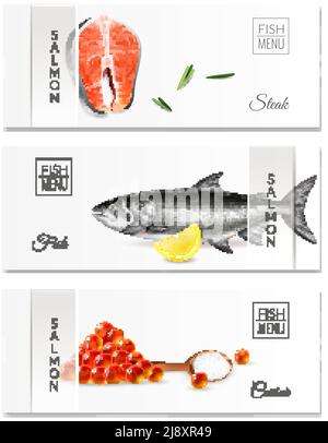 Set realistico di tre striscioni orizzontali con menu di pesce salmone illustrazione vettoriale isolata di bistecche e caviale Illustrazione Vettoriale