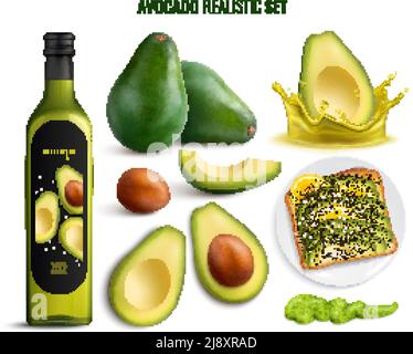 Set realistico con sandwich di olio di frutta all'avocado e icone guacamole isolato su sfondo bianco illustrazione vettoriale Illustrazione Vettoriale