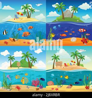 Fondali di vita subacquea con pesci cavallucci marini meduse stelle marine conchiglie granchio alghe sull'isola tropicale paesaggio illustrazione vettoriale Illustrazione Vettoriale