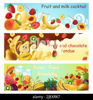 Prodotti dolci naturali striscioni orizzontali con latte di frutta fresca biologica e schizzi di cioccolato e flussi illustrazione vettoriale Illustrazione Vettoriale