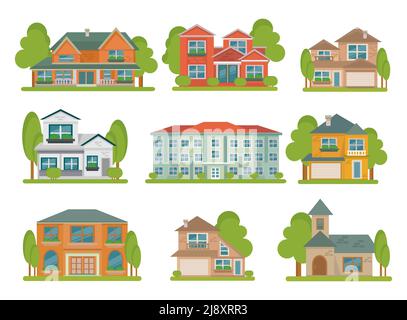 Isolato di colore diversi tipi di edifici con icone piatte insieme aree verdi intorno all'illustrazione vettoriale Illustrazione Vettoriale