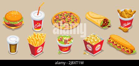 Elementi isometrici di fast food con hamburger cola pizza doner kebab caffè di pollo patatine fritte insalata popcorn hot dog isolato illustrazione vettoriale Illustrazione Vettoriale
