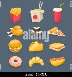 Icone decorative del fast food con croissant al sandwich di patate fritte al sushi pollo su sfondo grigio immagine vettoriale isolata Illustrazione Vettoriale