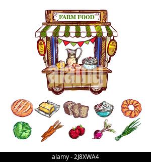 Composizione di negozio all'aperto di cibo agricolo con mini-negozio e isolato icona colorata insieme di verdure illustrazione vettoriale Illustrazione Vettoriale