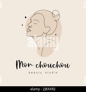 Logo per studio di bellezza o parrucchiere. Volto astratto della donna con occhi chiusi. Profilo disegnato a mano silhouette femminile. Illustrazione vettoriale in uno Illustrazione Vettoriale