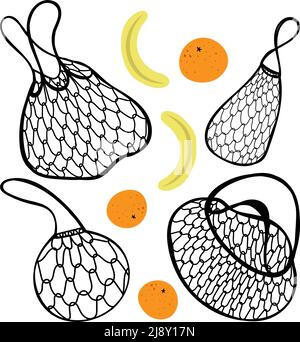 Un set di sacchetti ecologici per frutta e verdura. Elementi dipinti in stile Doodle. Sacchetto a rete. Ecologia. Clienti. Rispetto della natura. Sacchetti riutilizzabili Illustrazione Vettoriale