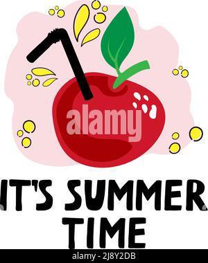 Modello per un cartellino o un poster estivo brillante con una mela rossa, scarabeo disegnato a mano in uno stile appiattito. Estate. Una mela con una paglia di limonata. A mano Illustrazione Vettoriale