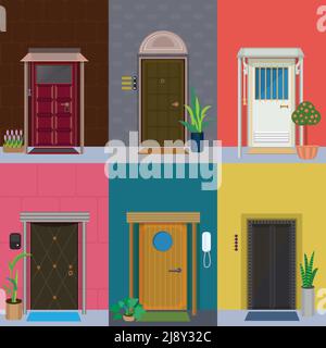 Flat eleganti porte colorate con piante in vasi da fiori e. diversi tipi di campane illustrazioni vettoriali isolate Illustrazione Vettoriale