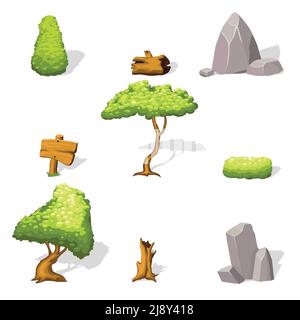 Collezione di elementi paesaggistici naturali con alberi verdi cespugli di pietra e tavole di legno per disegno di gioco isolato vettore illustrazione Illustrazione Vettoriale