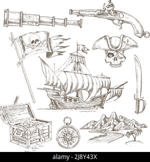 Set di elementi pirati disegnati a mano con scrigno a vela e jolly roger flag isolato vettore illustrazione Illustrazione Vettoriale