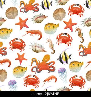 Mare e vita oceanica modello senza soluzione di continuità con creature marine e. animali in illustrazione vettoriale stile cartoon Illustrazione Vettoriale
