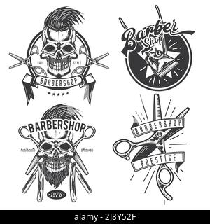 Set di emblemi, etichette, badge, loghi per attrezzature barbiere. Isolato su bianco Illustrazione Vettoriale