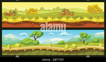 Paesaggi di gioco banner orizzontali con terra e cielo alberi e. piante pietre e colline isolato vettore illustrazione Illustrazione Vettoriale