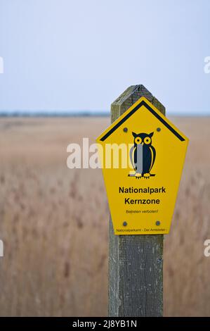 Cartello National Park Core zone sul Mar Baltico. Simbolo OWL con sfondo giallo. Segnale di avvertimento, segnale di avviso. Dettagli dalla natura Foto Stock